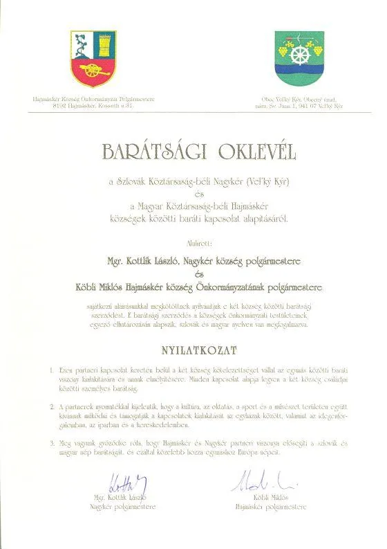Hajmáskér - Nagykér barátsági szerzõdése